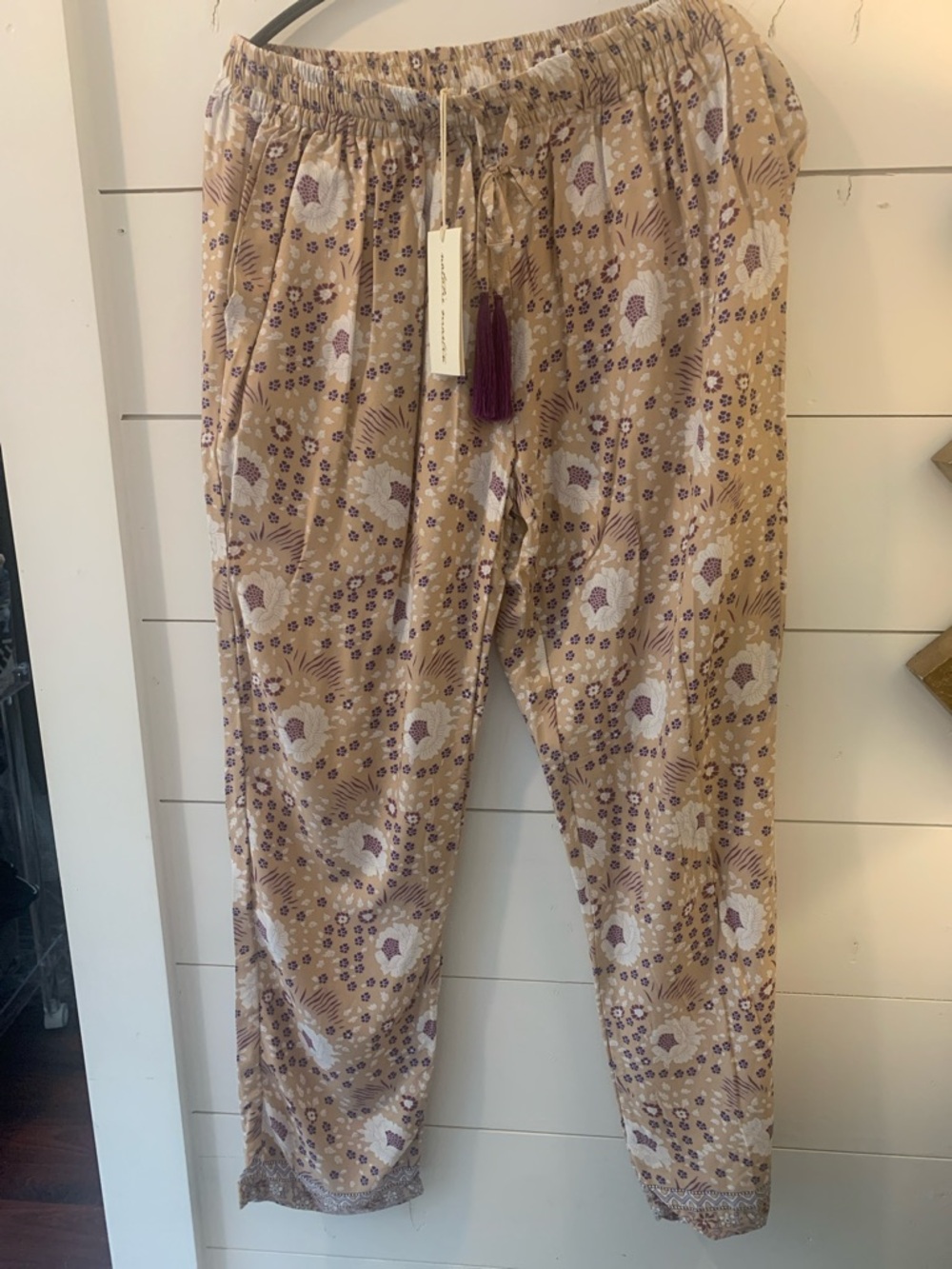 Natalie Martin Beige and Purple Wide-Leg Floral Pants